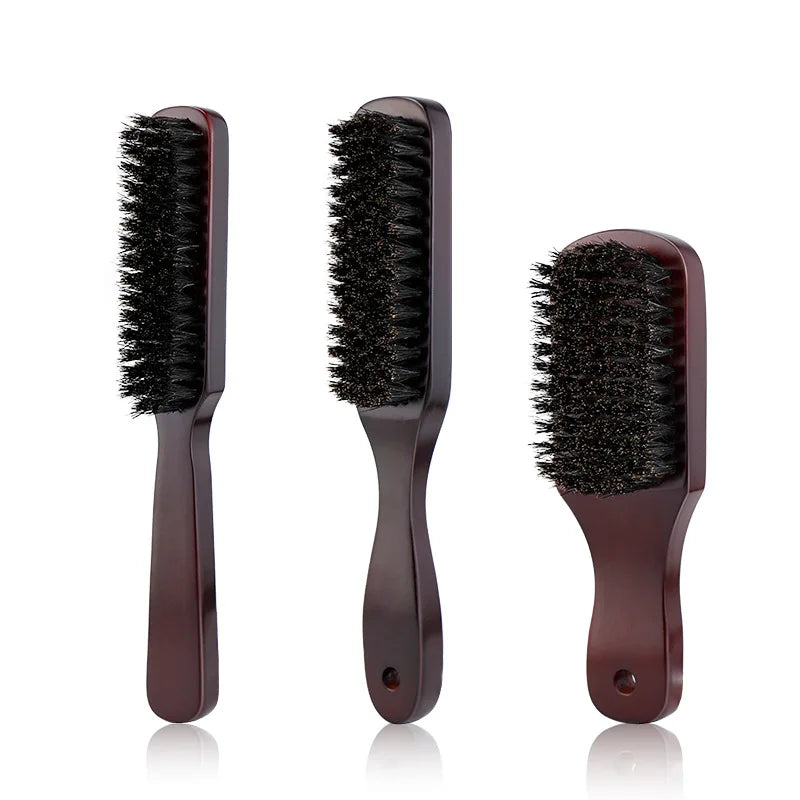 A set of three dark brown wooden boar bristle hair and beard brushes shown vertically.