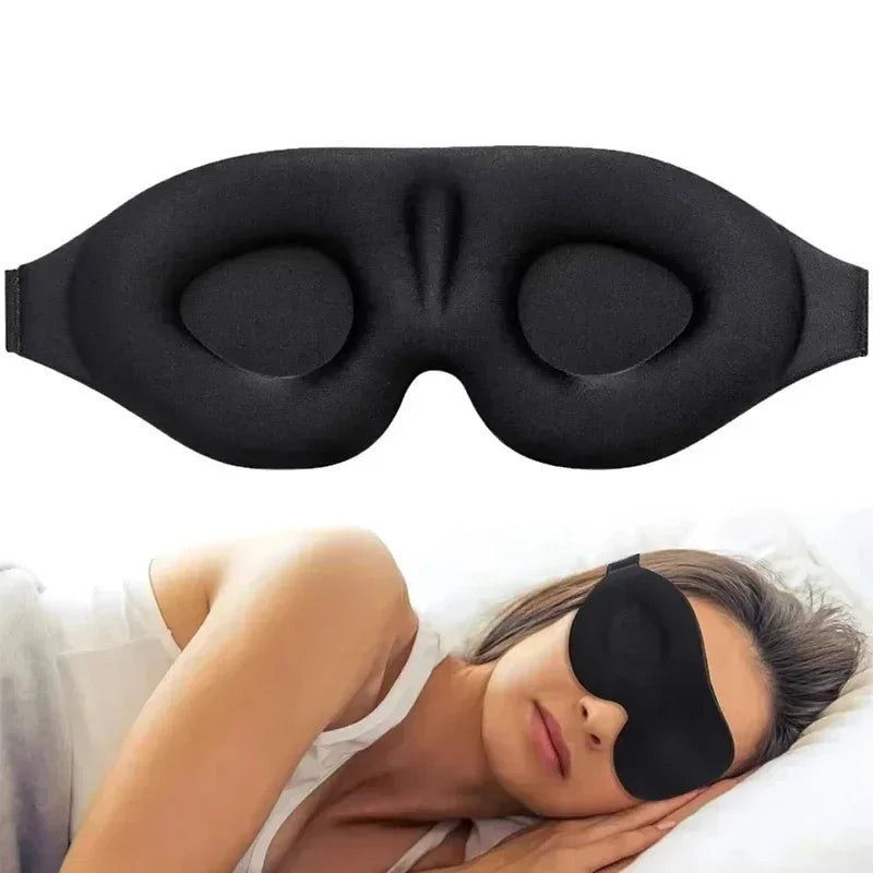 A black 3D full shading sleep mask is shown being worn by a person.