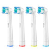 Four white replacement toothbrush heads for Oral-B electric brushes shown side by side with colored bases.
