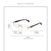 Diagram showing the dimensions of retro frameless reading glasses including lens width, nasal space, and leg length.