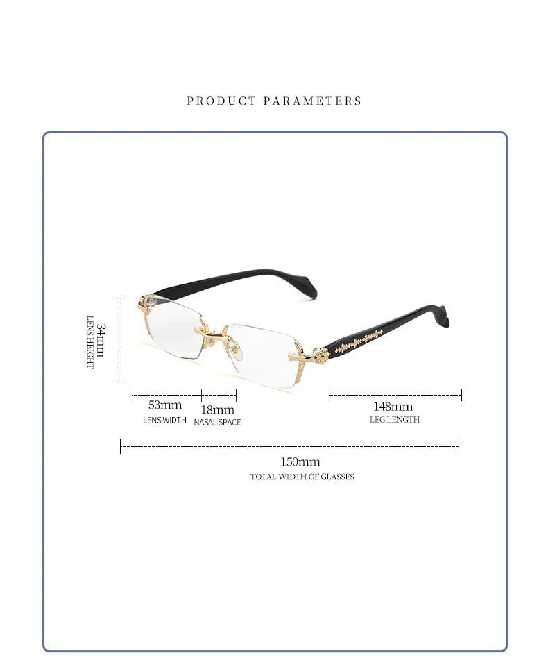 Diagram showing the dimensions of retro frameless reading glasses including lens width, nasal space, and leg length.