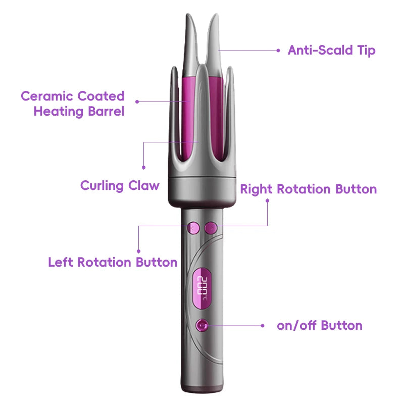 A professional rotating curling iron in silver and purple with various buttons and a ceramic coated heating barrel.