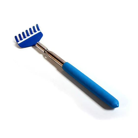 A blue stainless steel telescopic back scratcher with a retractable handle.