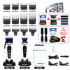 A collection of Rosyous electric hair clippers and accessories including various blades, chargers, and clipper units.