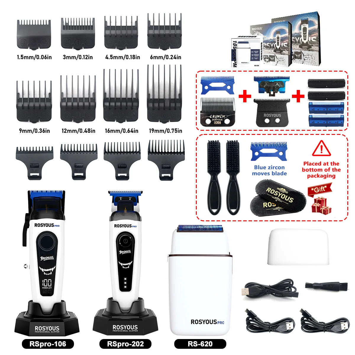 A collection of Rosyous electric hair clippers and accessories including various blades, chargers, and clipper units.