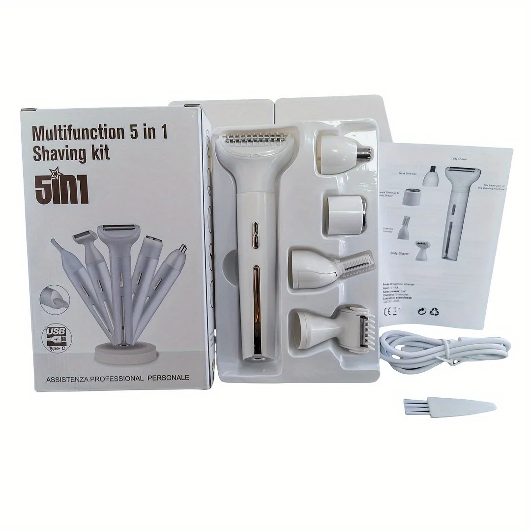 A multifunction 5 in 1 shaving kit with various grooming tools and accessories displayed in its packaging.