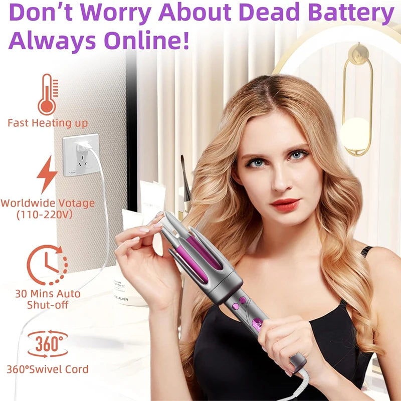 A woman holds a professional rotating curling iron with purple accents, demonstrating its use.