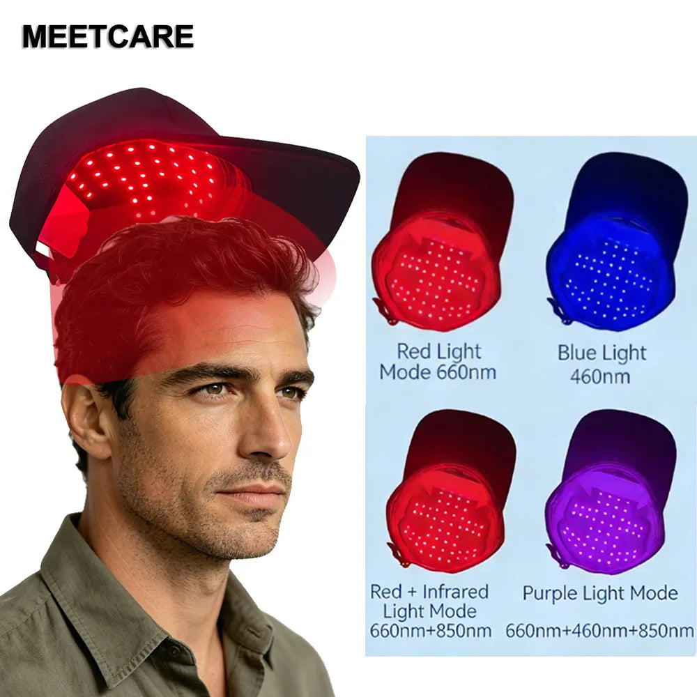 A man wearing a red light therapy cap, demonstrating the use of an infrared scalp massager device.