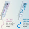 Trois tubes de lotion pour cils et sourcils : Lifting, Fixing et Nutrition, à côté du visage d'une femme.