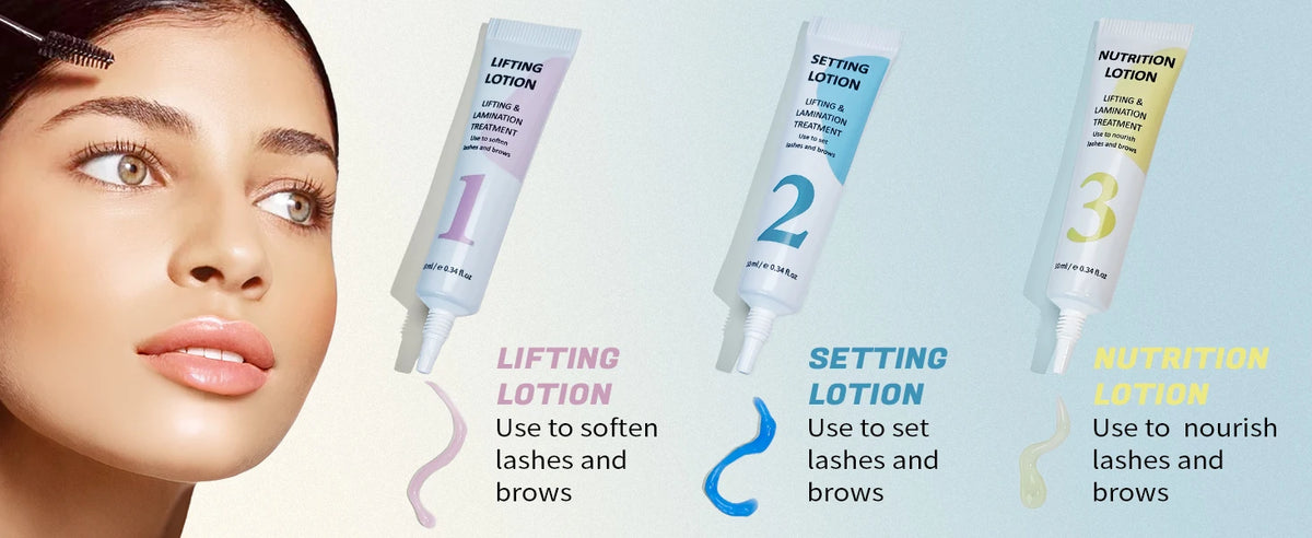 Trois tubes de lotion pour cils et sourcils : Lifting, Fixing et Nutrition, à côté du visage d'une femme.