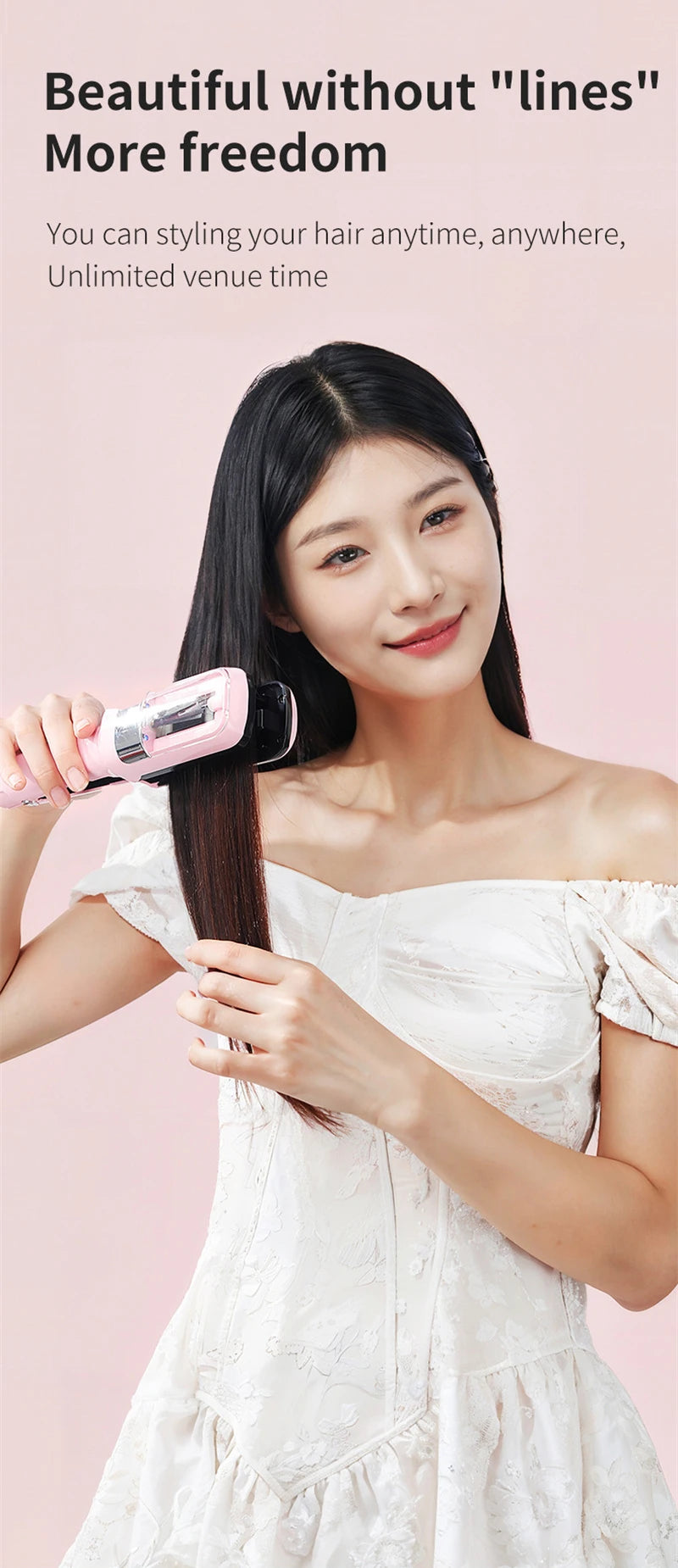 A woman is using a pink automatic hair ends trimmer on her long black hair.
