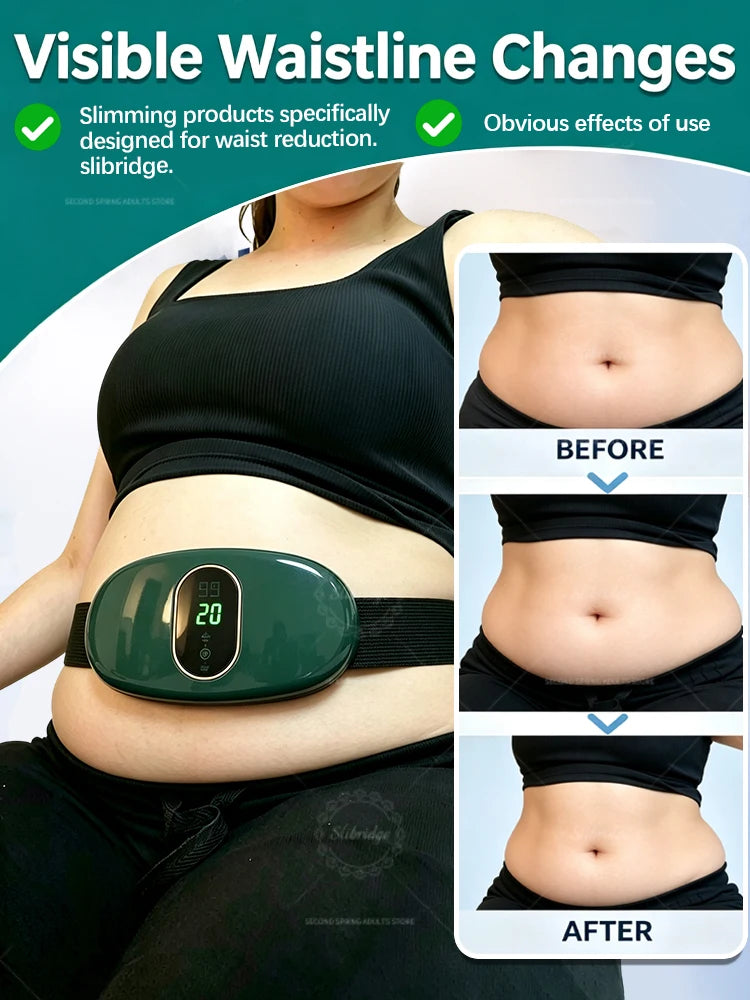 A woman wearing a green slimming belt for waistline changes, showing before and after results.