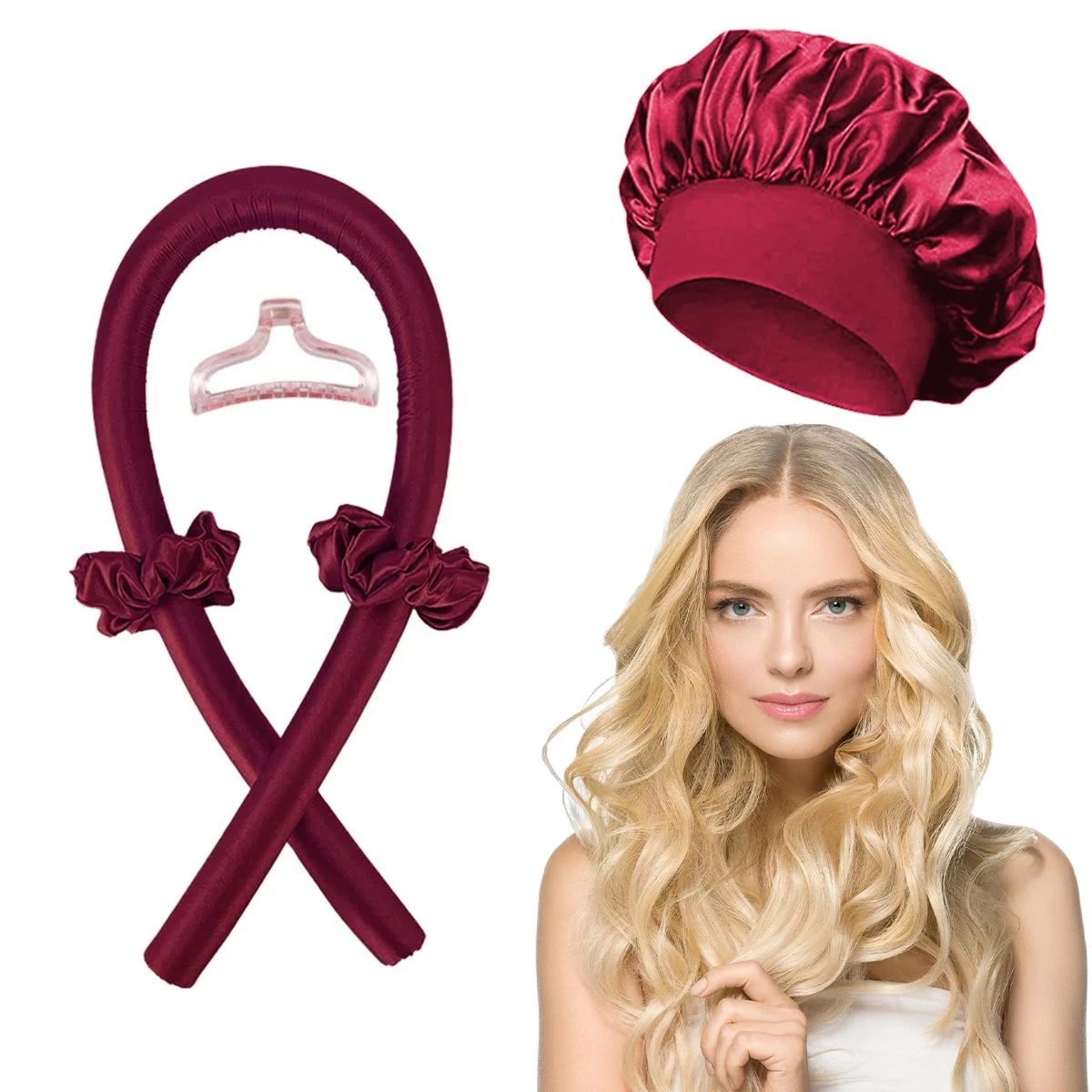 A maroon heatless curling rod headband and satin bonnet set displayed next to a blonde woman.