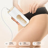 A hand is using a white IPL hair removal device on the leg area for full body hair removal.