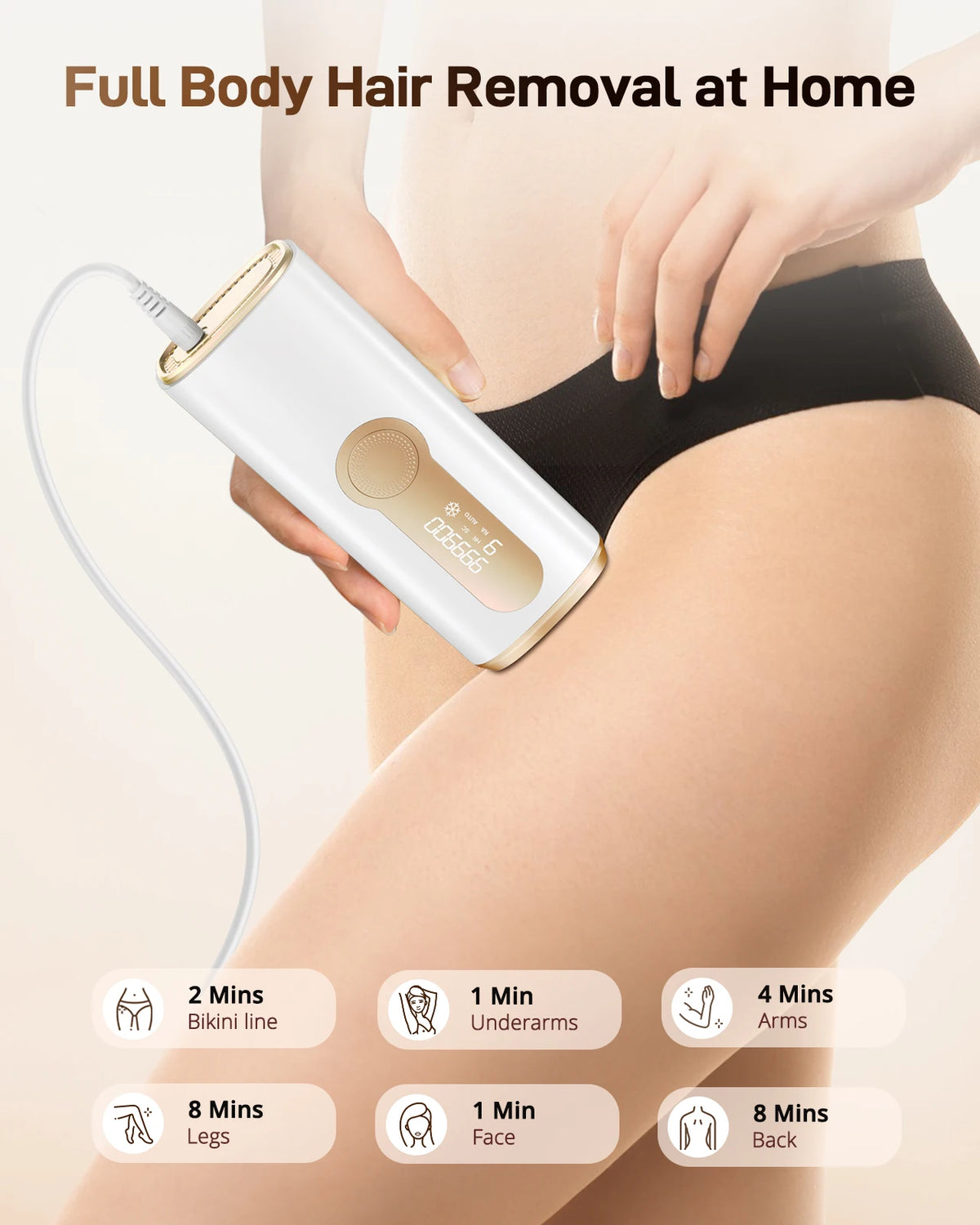 A hand is using a white IPL hair removal device on the leg area for full body hair removal.