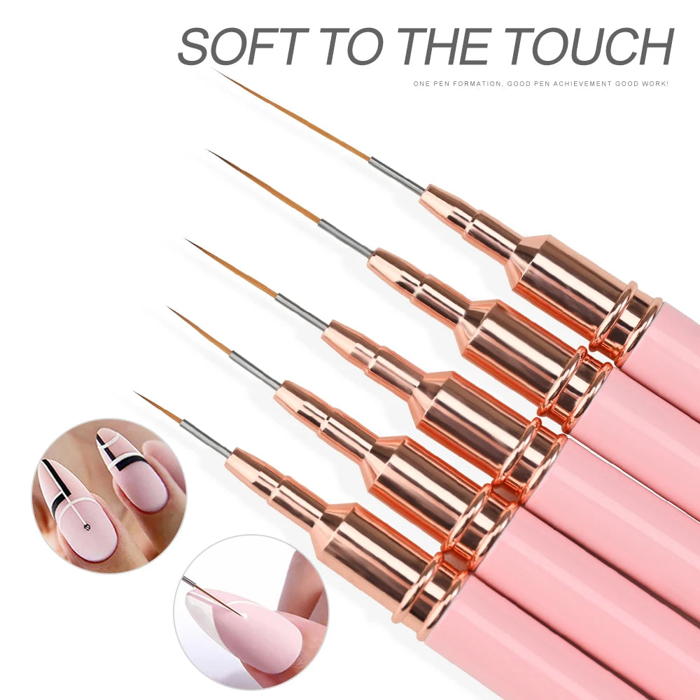 Un ensemble de pinceaux liners pour nail art professionnels avec des manches dorés et roses, montrés sous différents angles.
