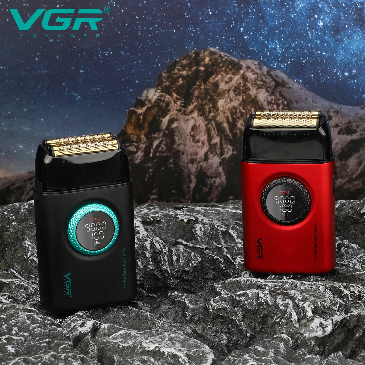 A pair of VGR electric beard and mustache trimmers, one black and one red, resting on a dark, textured rock surface.