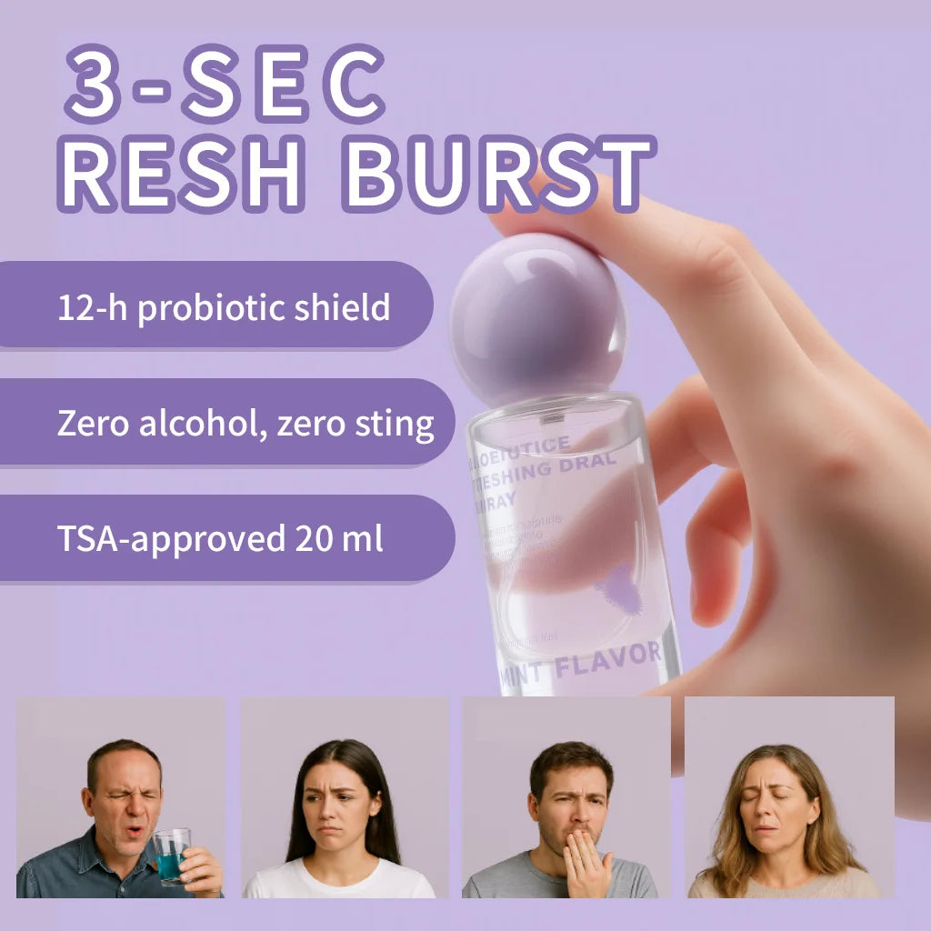 A hand holds a glass bottle of 3-sec fresh burst probiotic shield oral breath freshener spray with various usage scenarios sh