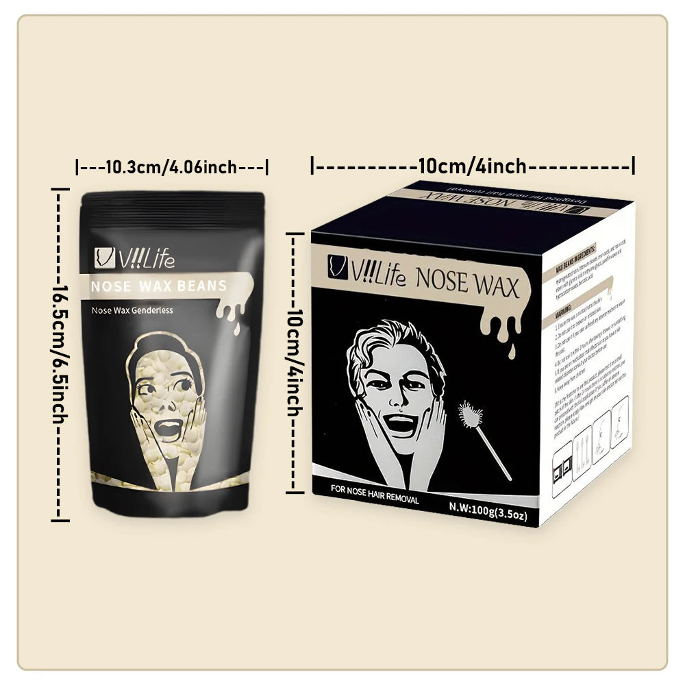 A package of V!!!Life Nose Wax Beans for nose hair removal, shown next to a tube.