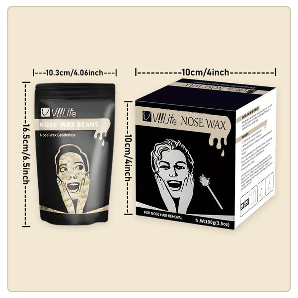 A package of V!!!Life Nose Wax Beans for nose hair removal, shown next to a tube.