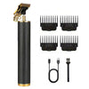 Professional cordless hair clipper set with various guard attachments and charging cable