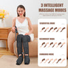 A woman is using a black air compression leg massager, demonstrating three massage modes: sequential, recurrent, and combined