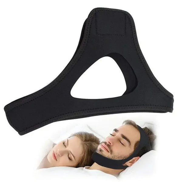 Black anti-snoring chin strap designed to fit around the chin for sleep