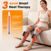 A woman is using a cordless heated calf and knee massager with air compression on her leg.