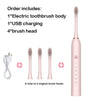 A pink electric toothbrush set including the body, USB charging, and four brush heads.
