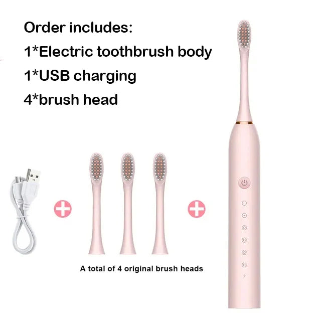 A pink electric toothbrush set including the body, USB charging, and four brush heads.