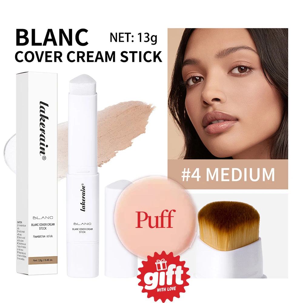Un bâton de fondation Blanc Cover en tube blanc, avec son emballage et le visage d'un mannequin.