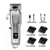 A silver electric hair clipper with various precision attachments for grooming.