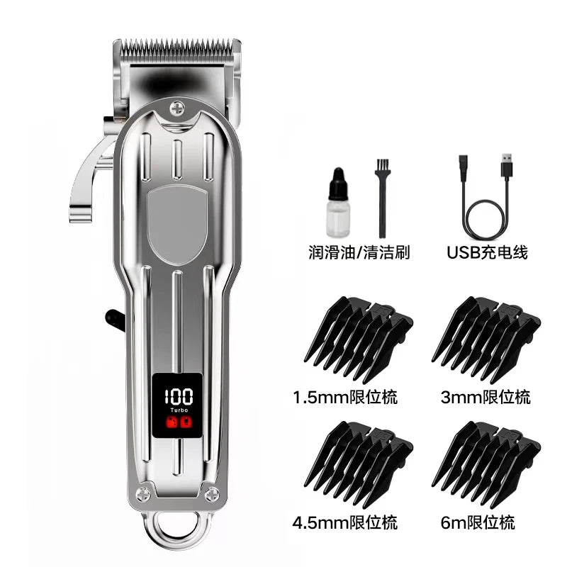A silver electric hair clipper with various precision attachments for grooming.