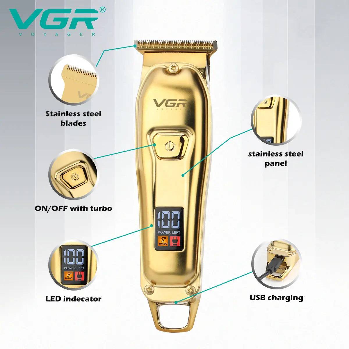 A gold-colored professional cordless electric hair clipper with stainless steel blades and USB charging port.