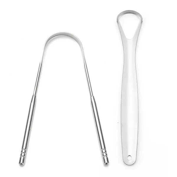 A reusable stainless steel tongue scraper and oral brush tool.