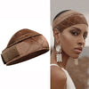 Grip band for a brown velvet wig with a diamond pattern, worn on a model's forehead.