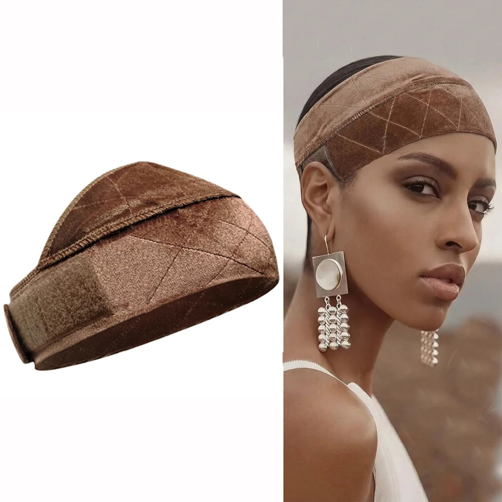 Grip band for a brown velvet wig with a diamond pattern, worn on a model's forehead.