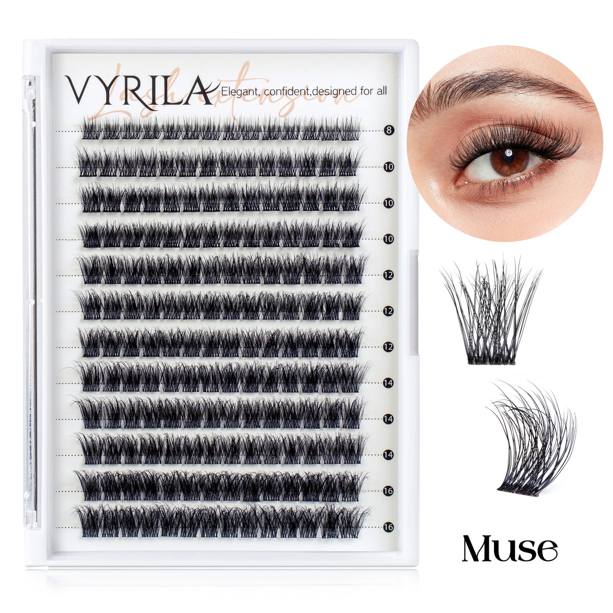 A box of Vyrila eyelash clusters showing various lengths and styles, including a close-up of the Muse lash.