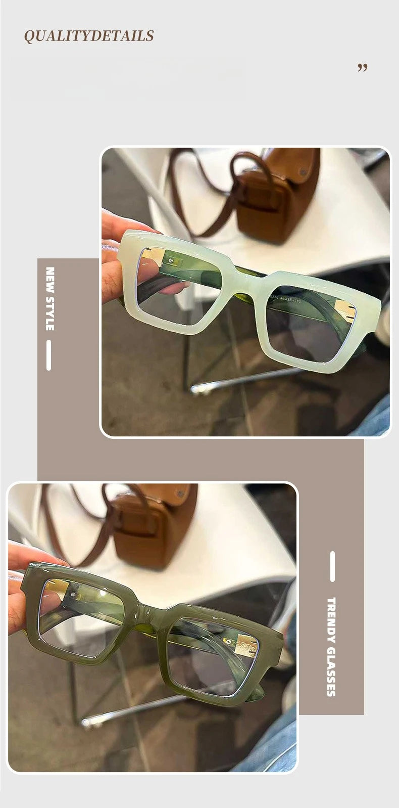 Paire de lunettes à monture carrée rétro vert clair avec une sangle en cuir marron, posées sur une surface blanche.