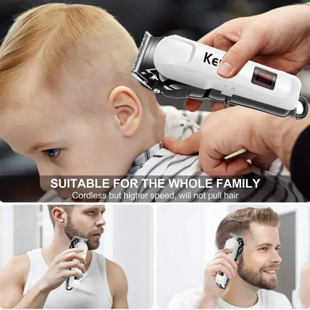 A hand is using a white cordless hair clipper trimmer on a child's head for grooming.