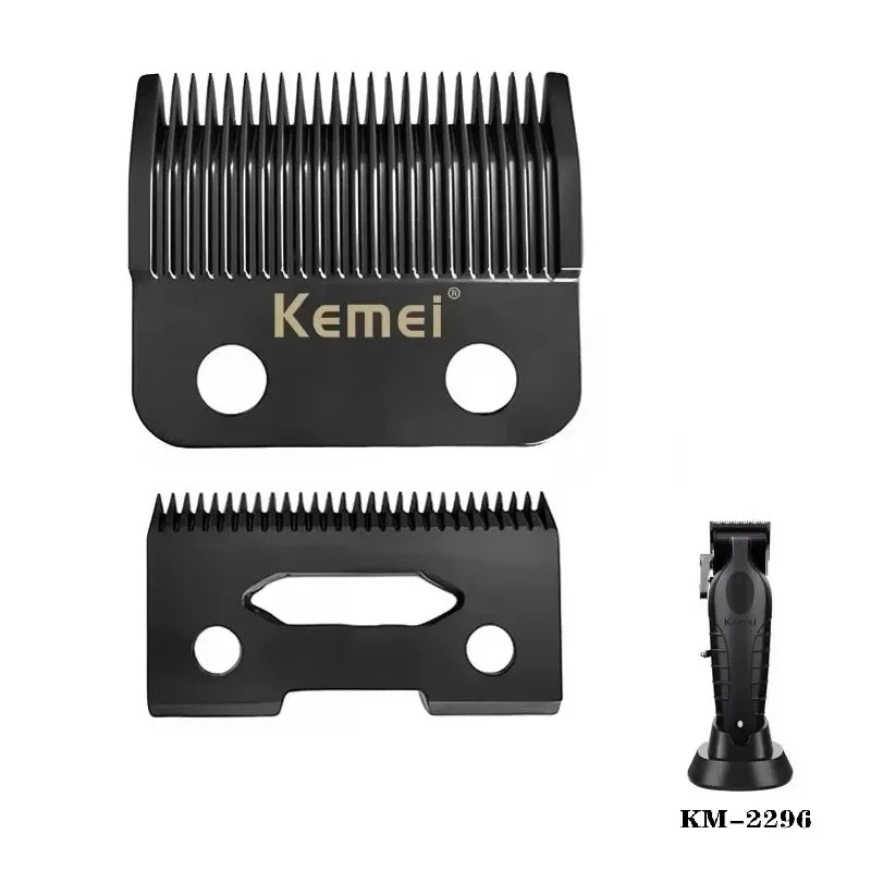 Black replacement blades for a hair clipper with mounting holes and a distinct serrated edge.