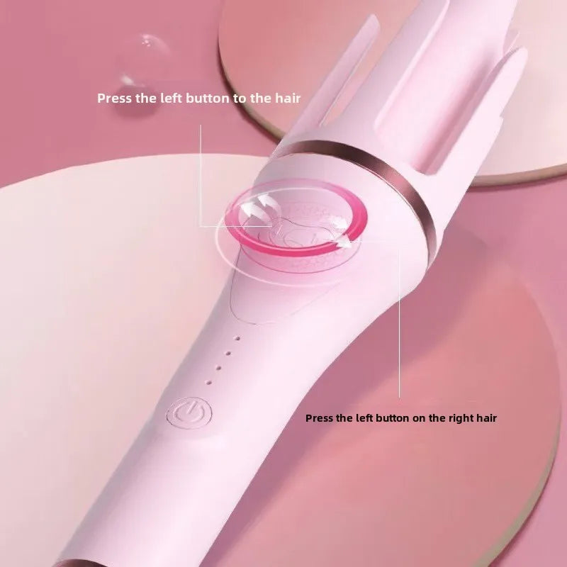 A pink professional automatic hair curling iron is shown with instructions for pressing buttons on the hair.