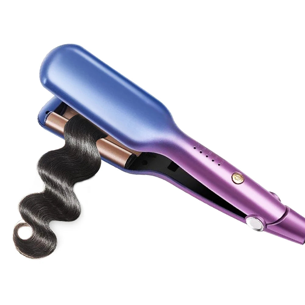 A purple professional ceramic hair waver is shown with dark, curled hair being styled.