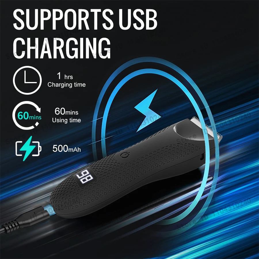 A black professional body and personal hair trimmer is shown with a USB charging cable, highlighting its 60-minute usage time