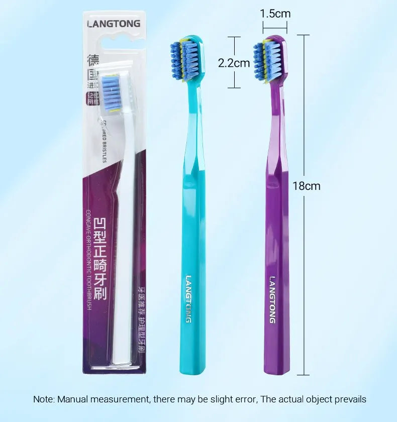 A package of three Langtong soft bristle toothbrushes for orthodontic care shown next to individual brushes with dimensions.
