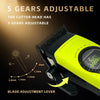 Yellow electric hair clipper with a detachable cutter head showing adjustable gears and blade settings.