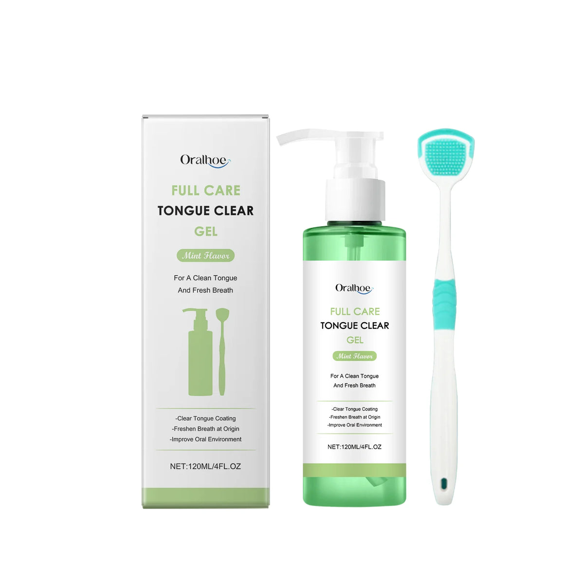 Oralhoo Full Care Tongue Clear Gel kit including a scraper and bottle