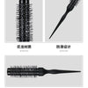 A black professional curly round hair comb with elastic teeth shown in various detail shots.