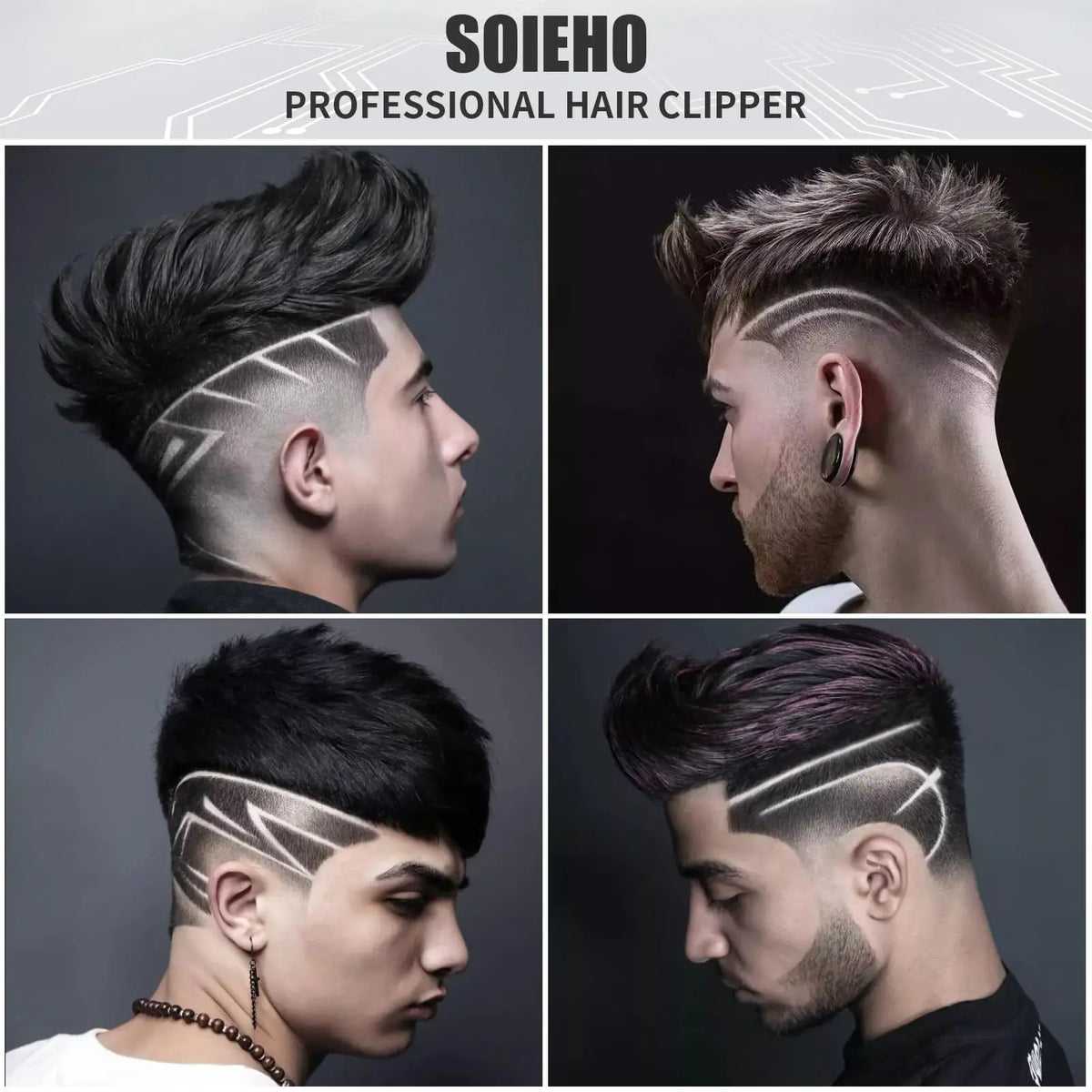 A set of professional hair clippers showing various modern haircut styles on a male model's head.