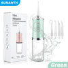 A portable rechargeable oral irrigator device in mint green and silver is shown next to its packaging.